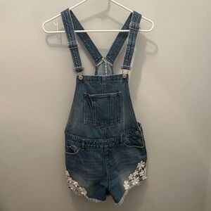 Denim Short Overalls with White Floral Appliqué